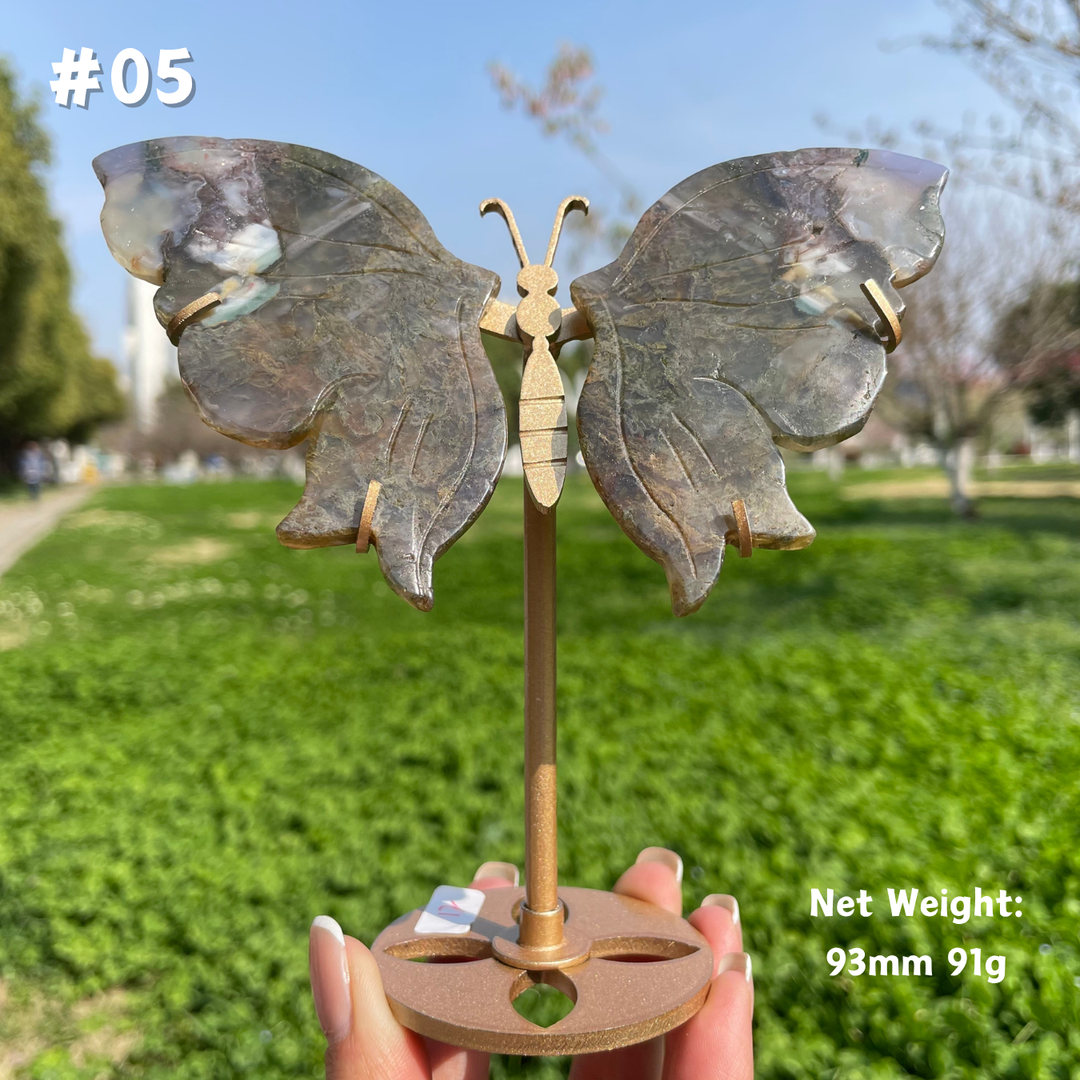 Unique,Natural Moss Agate Crystal Butterfly Wings