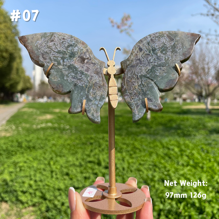 Unique,Natural Moss Agate Crystal Butterfly Wings