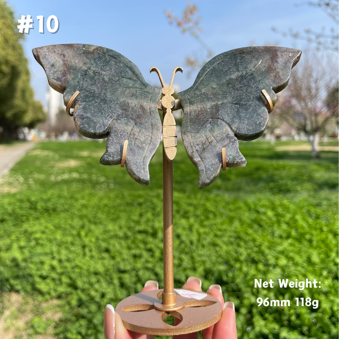 Unique,Natural Moss Agate Crystal Butterfly Wings