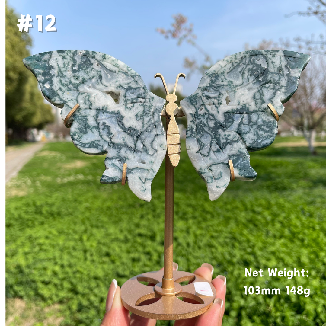 Unique,Natural Moss Agate Crystal Butterfly Wings