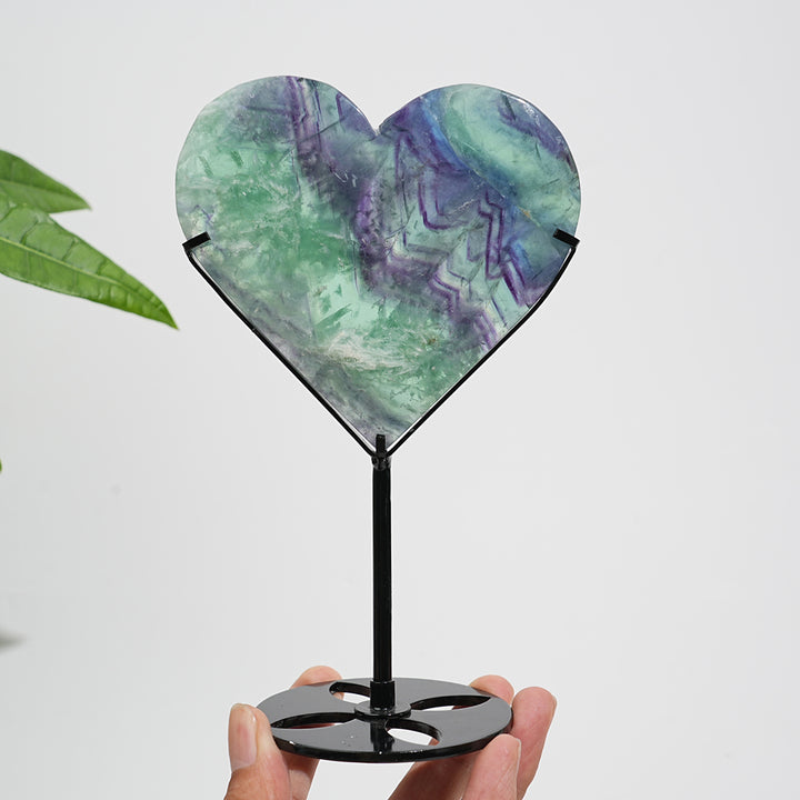 Unique,Natural Crystal Feather Fluorite Heart With Stand