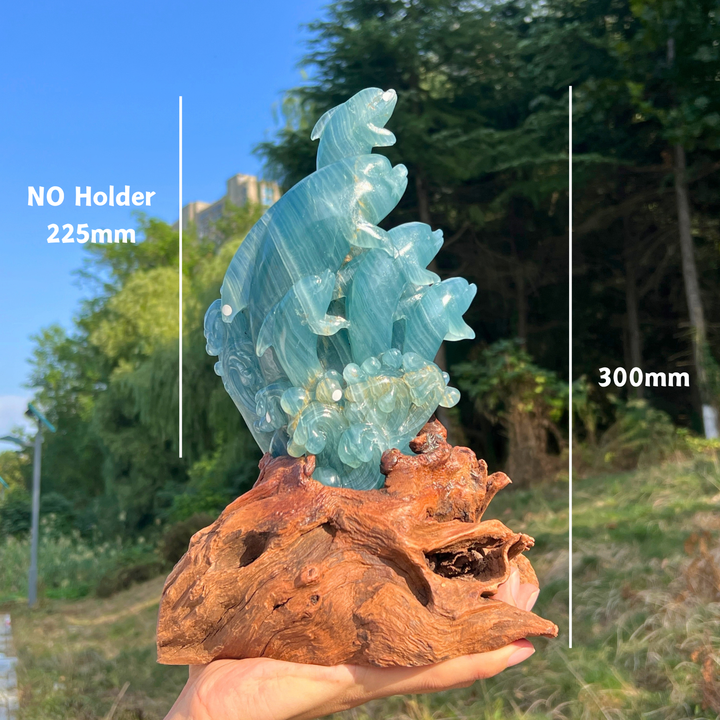 Unique,Imperfect Lemurian Aquatine Calcite Dolphin With Stand