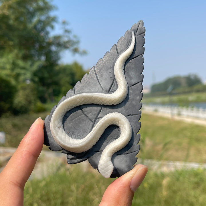 Unique, Natural TaiJi Stone Snake On Leaf Carving