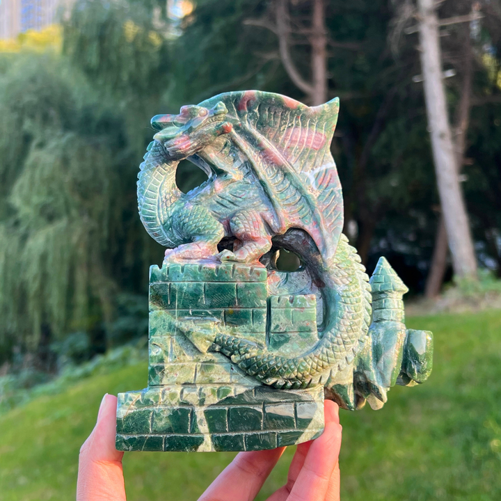Unique Ocean Jasper Castle Dragon Carving