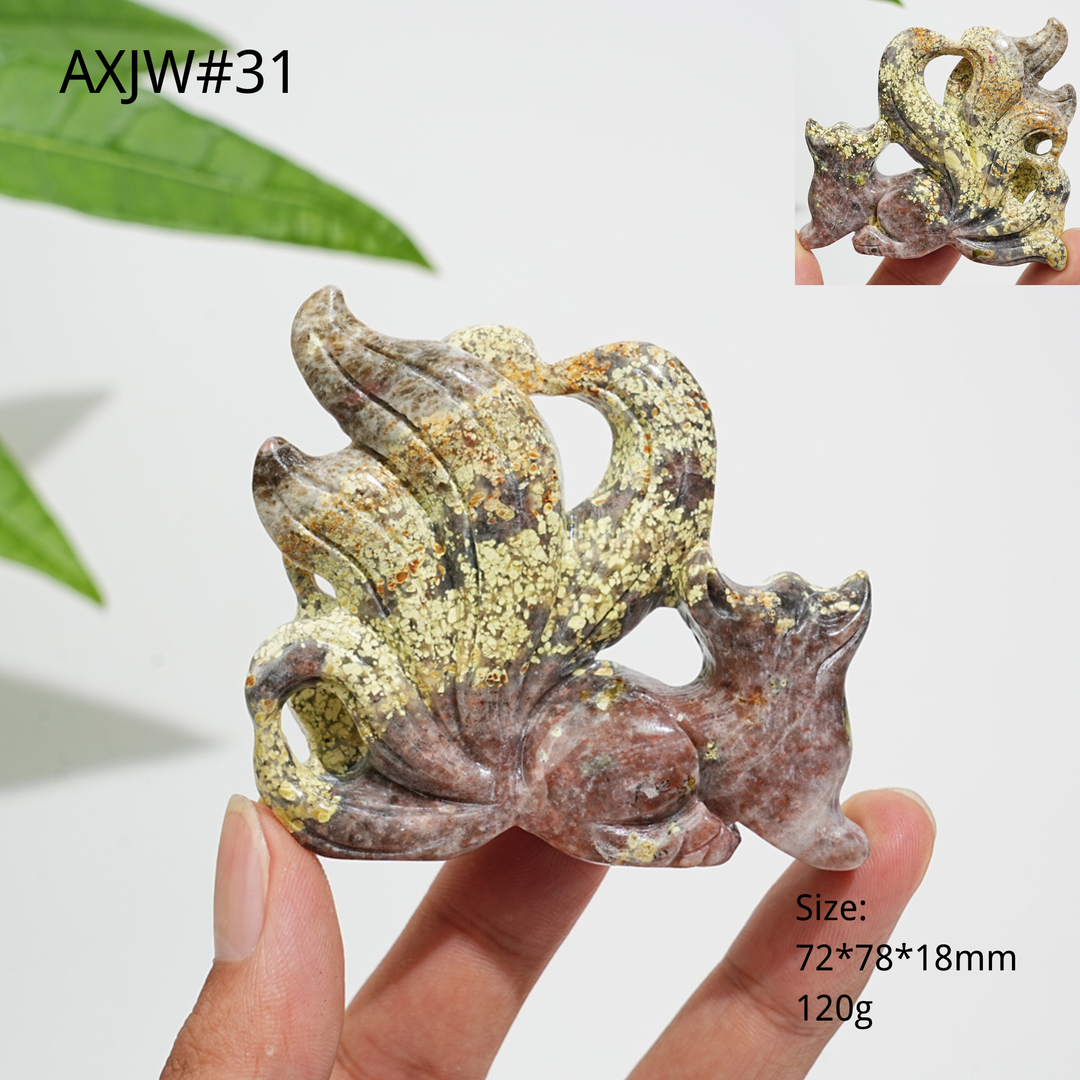 Unique,Natural Crystal Carved Heartful Nine-Tailed Fox