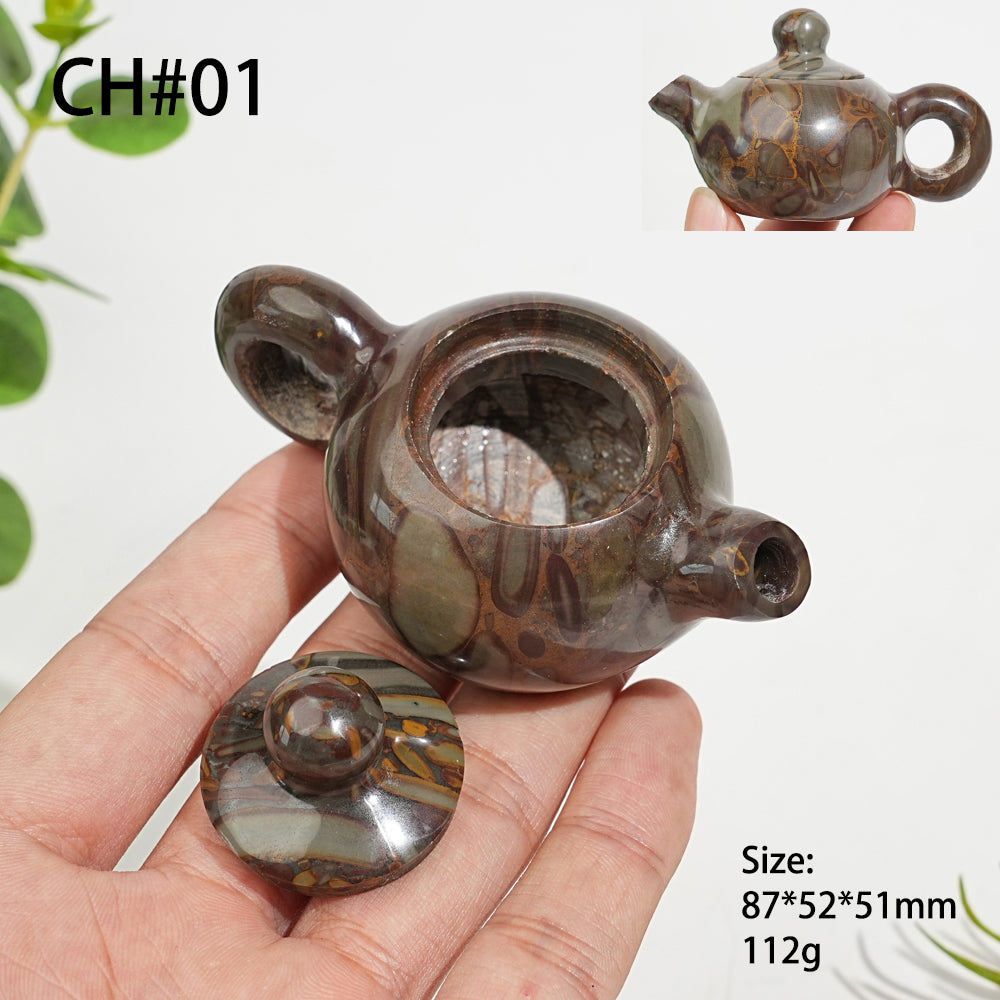 Unique,Natural Crystal Carving Bamboo Leaf Stone Teapot Model