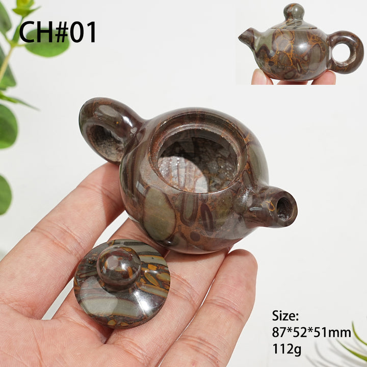 Unique,Natural Crystal Carving Bamboo Leaf Stone Teapot Model