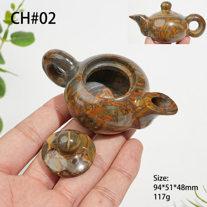 Unique,Natural Crystal Carving Bamboo Leaf Stone Teapot Model