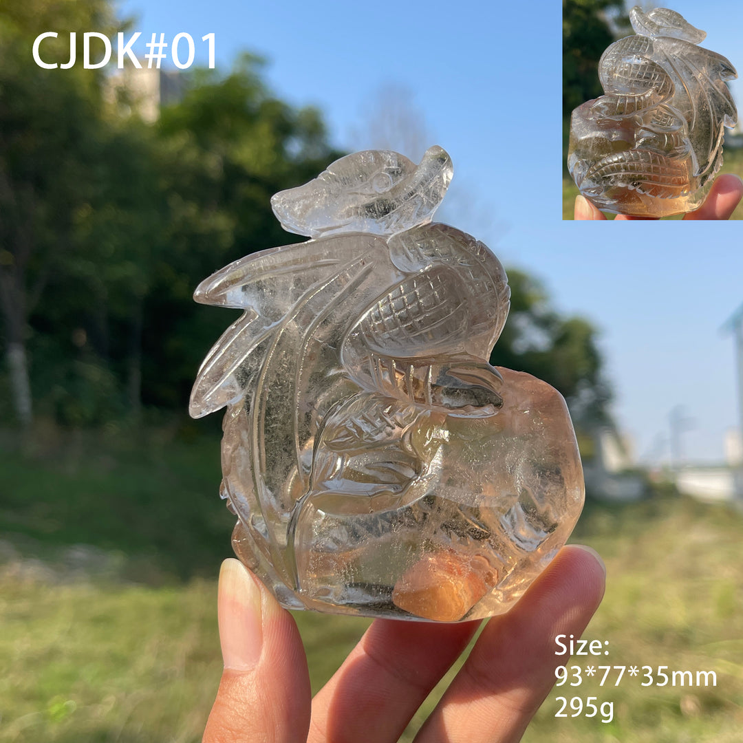Unique,Natural Crystal Carving Smokey Quartz Dragon & Nine Tailed Fox