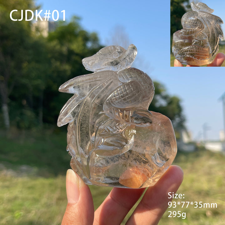 Unique,Natural Crystal Carving Smokey Quartz Dragon & Nine Tailed Fox