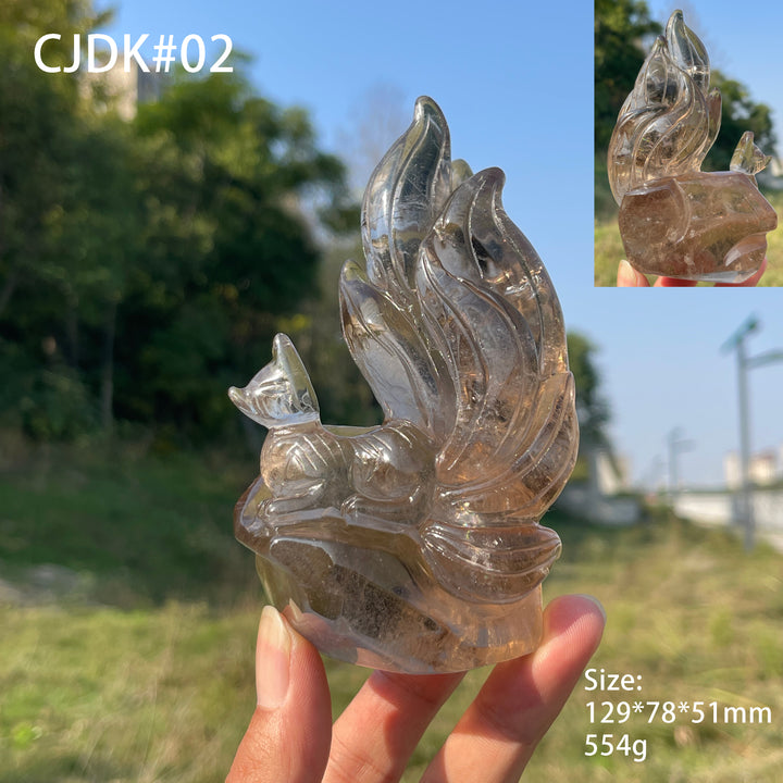 Unique,Natural Crystal Carving Smokey Quartz Dragon & Nine Tailed Fox