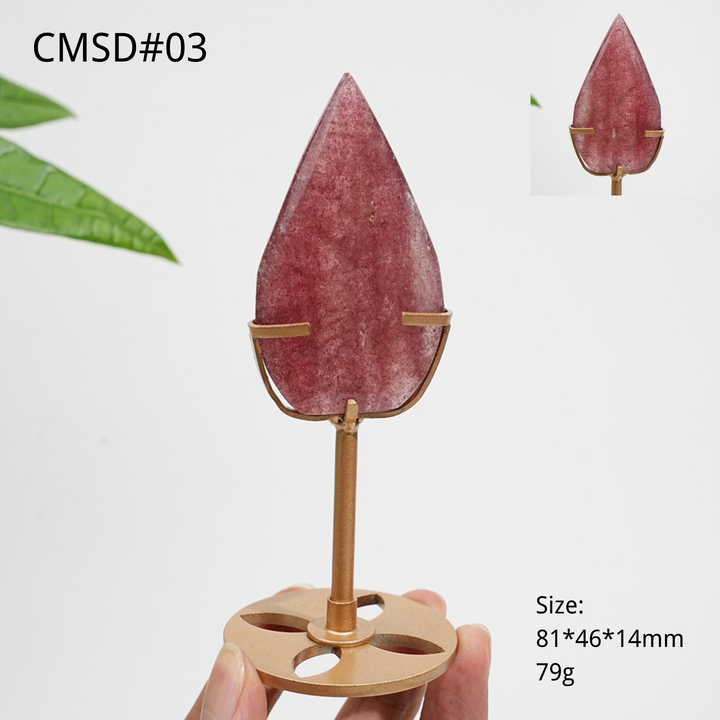 Unique,Natural Crystal Strawberry Quartz Teardrop With Stand