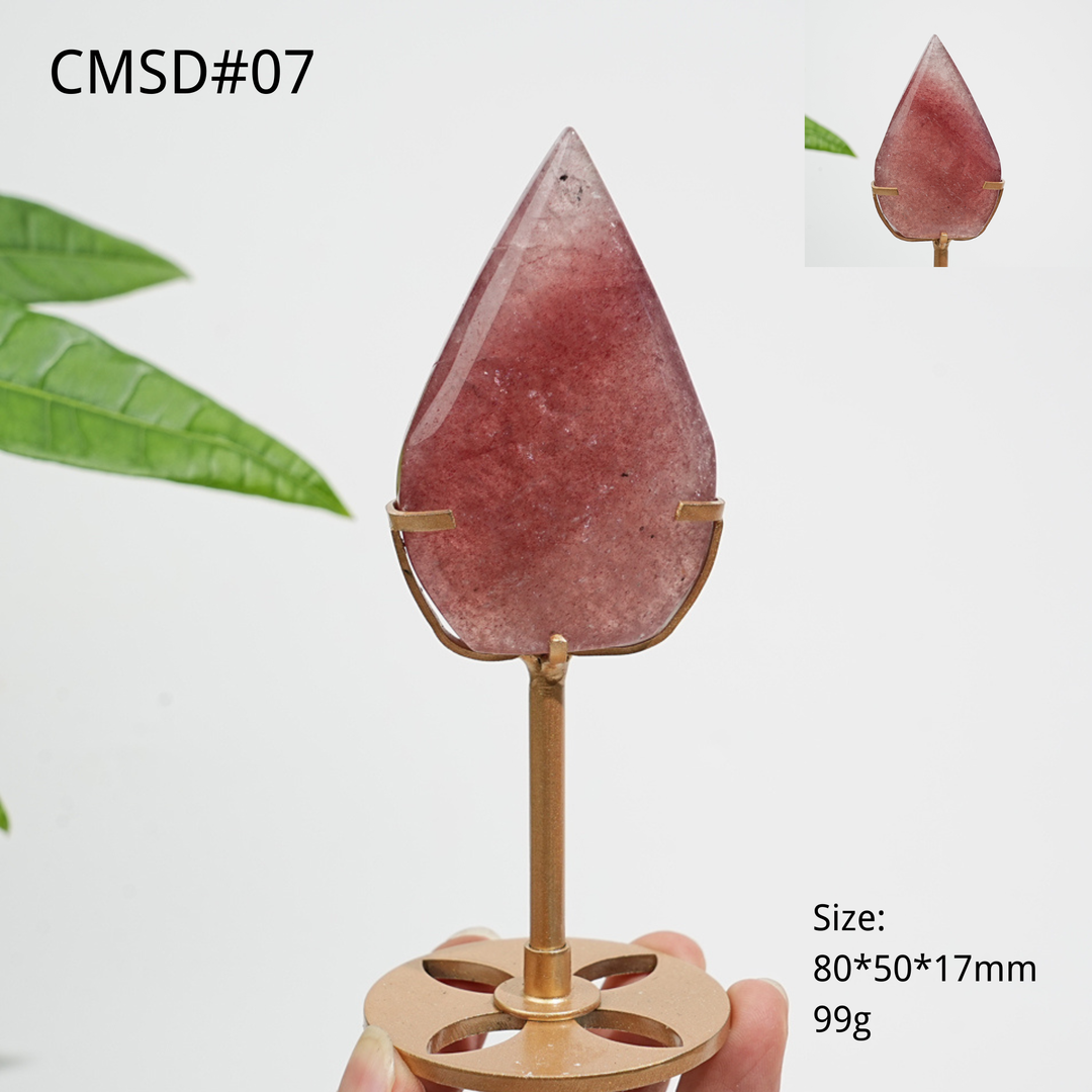 Unique,Natural Crystal Strawberry Quartz Teardrop With Stand