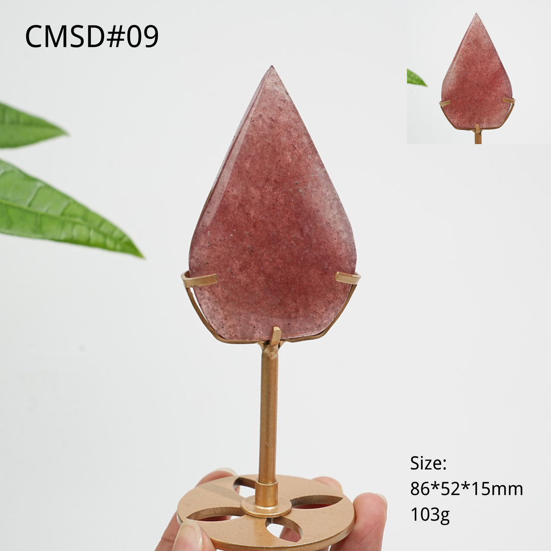 Unique,Natural Crystal Strawberry Quartz Teardrop With Stand