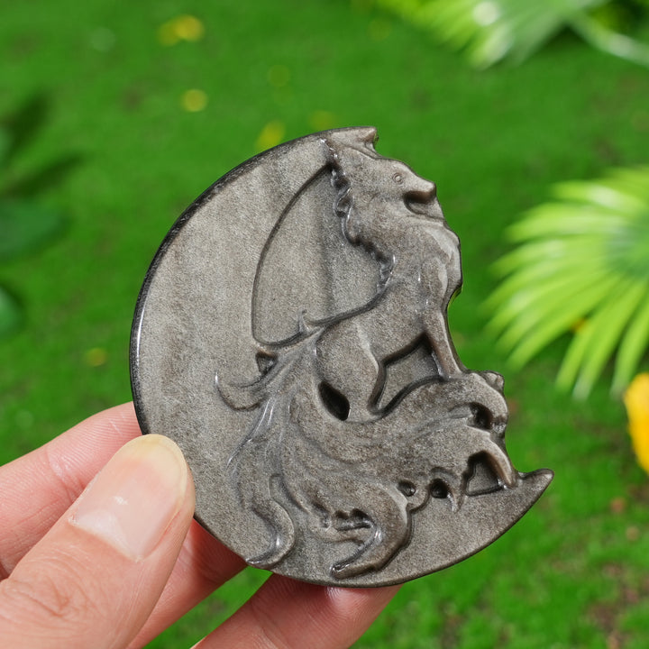 Natural Silver Obsidian Moon With Fox
