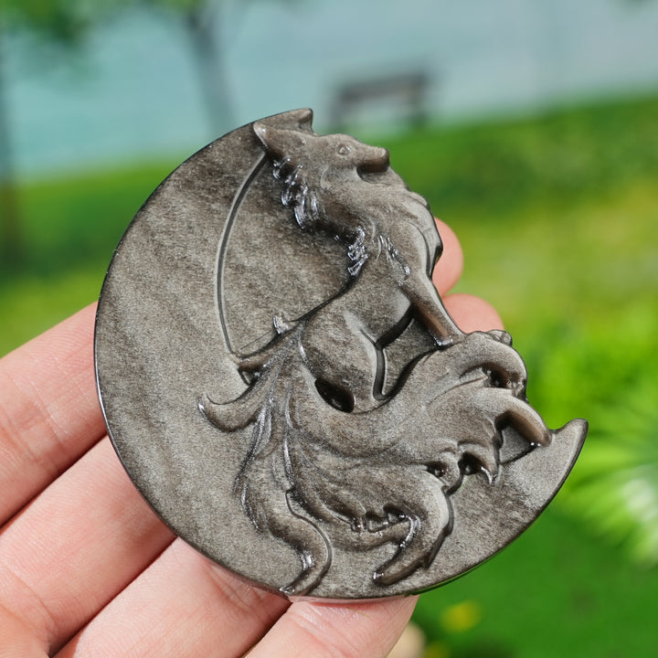 Natural Silver Obsidian Moon With Fox