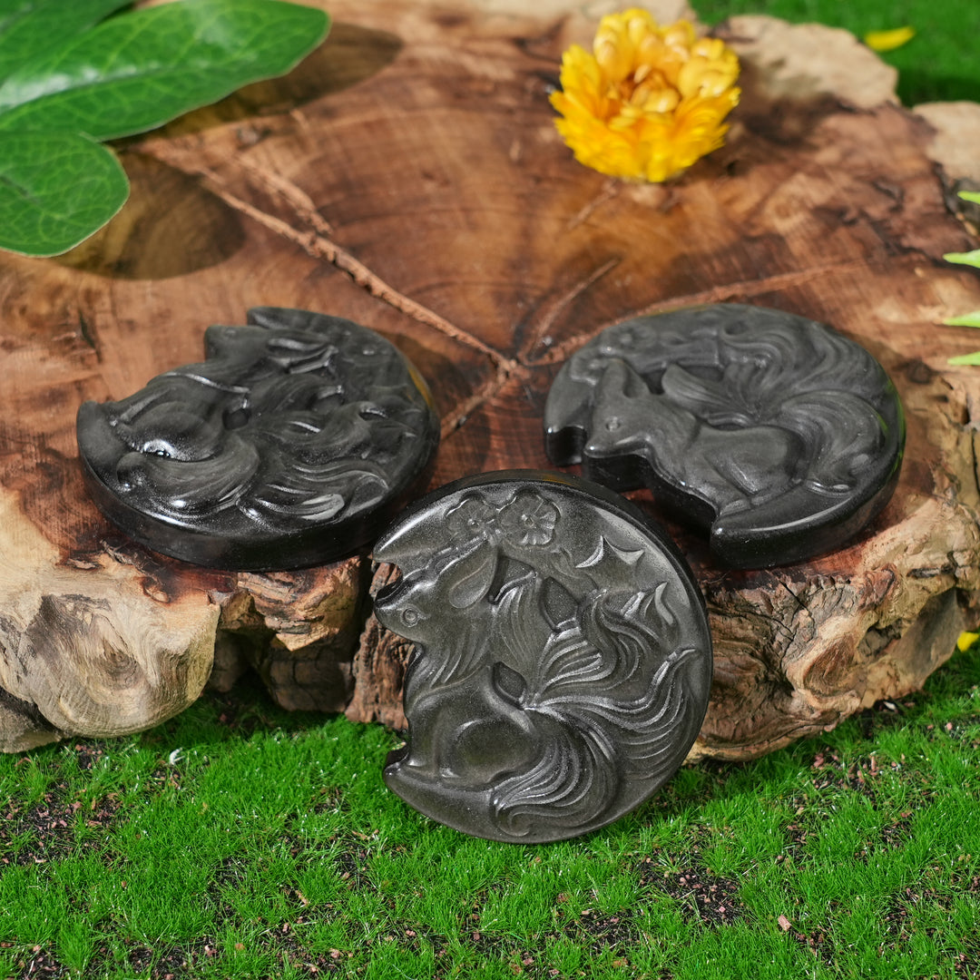 Natural Silver Obsidian Fox-on-Moon