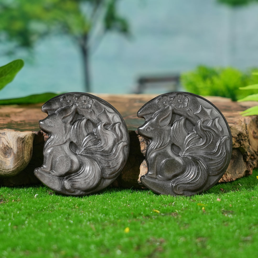 Natural Silver Obsidian Fox-on-Moon