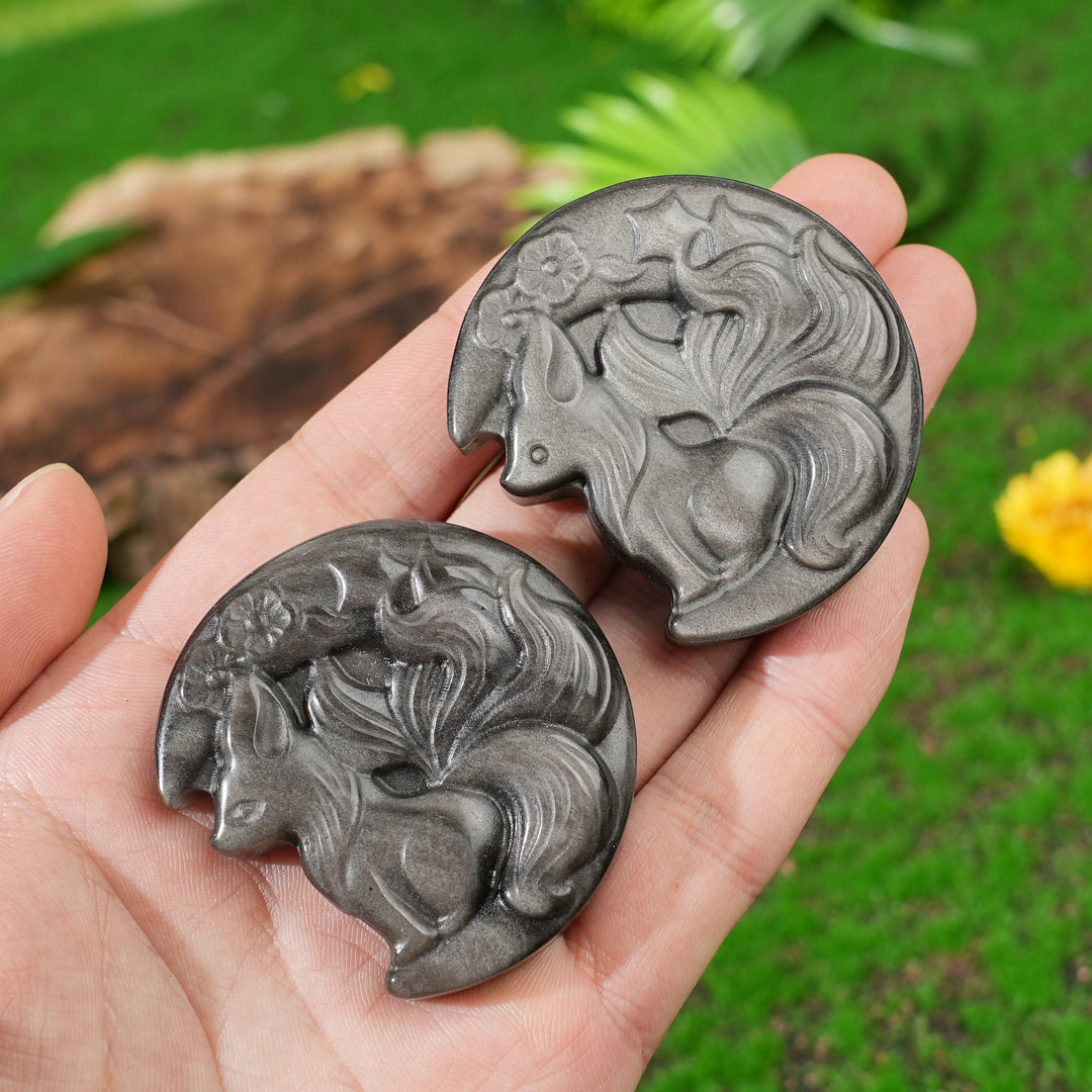 Natural Silver Obsidian Fox-on-Moon