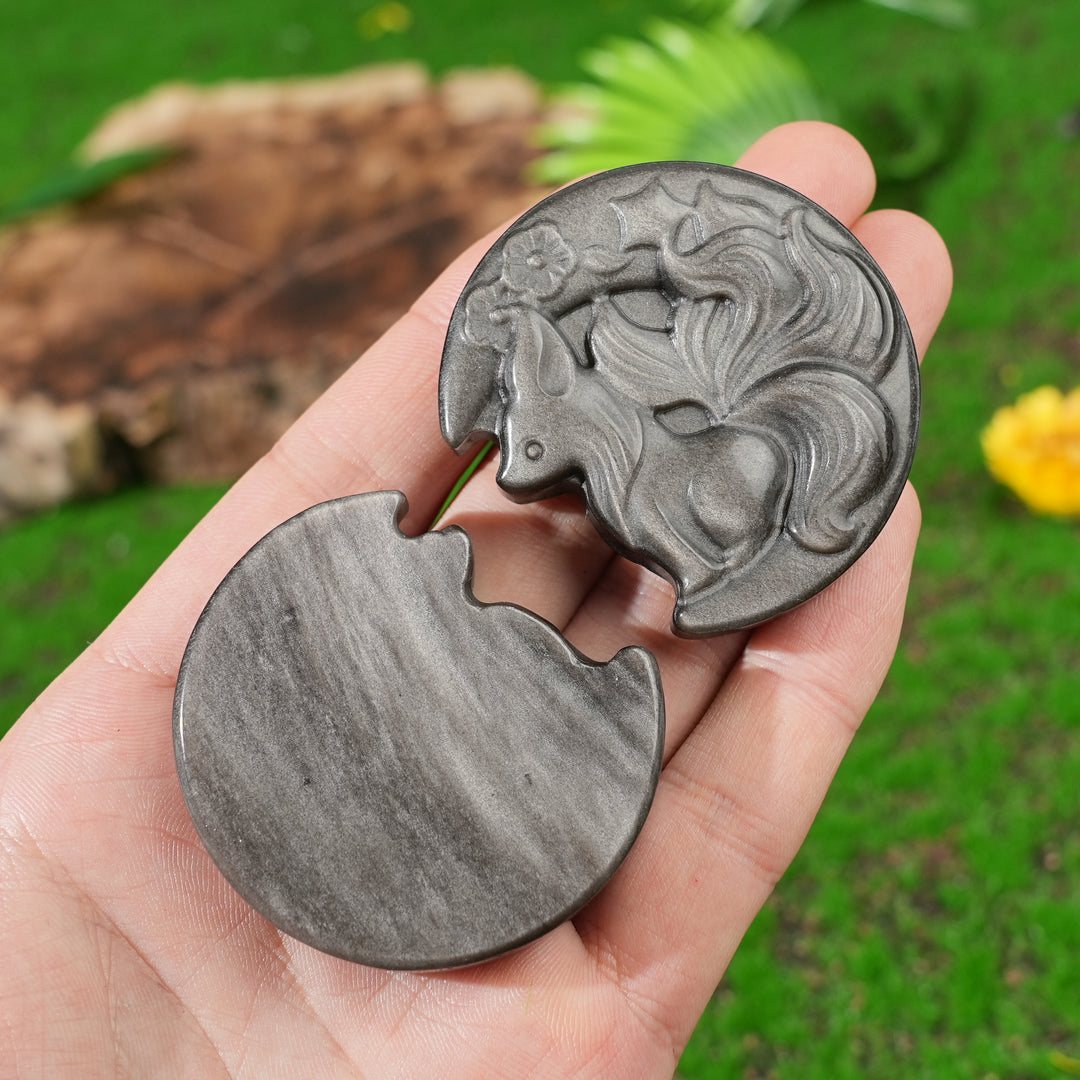 Natural Silver Obsidian Fox-on-Moon