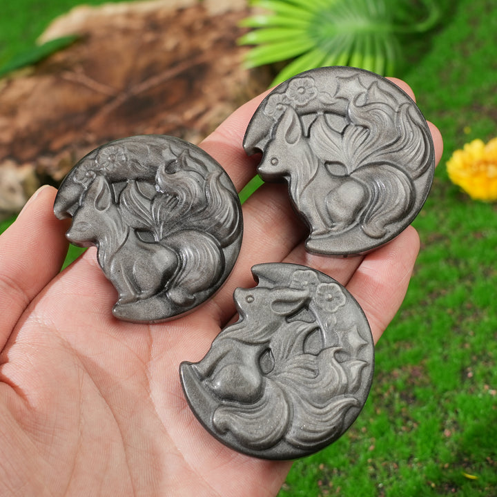 Natural Silver Obsidian Fox-on-Moon