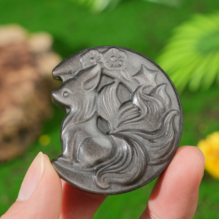 Natural Silver Obsidian Fox-on-Moon