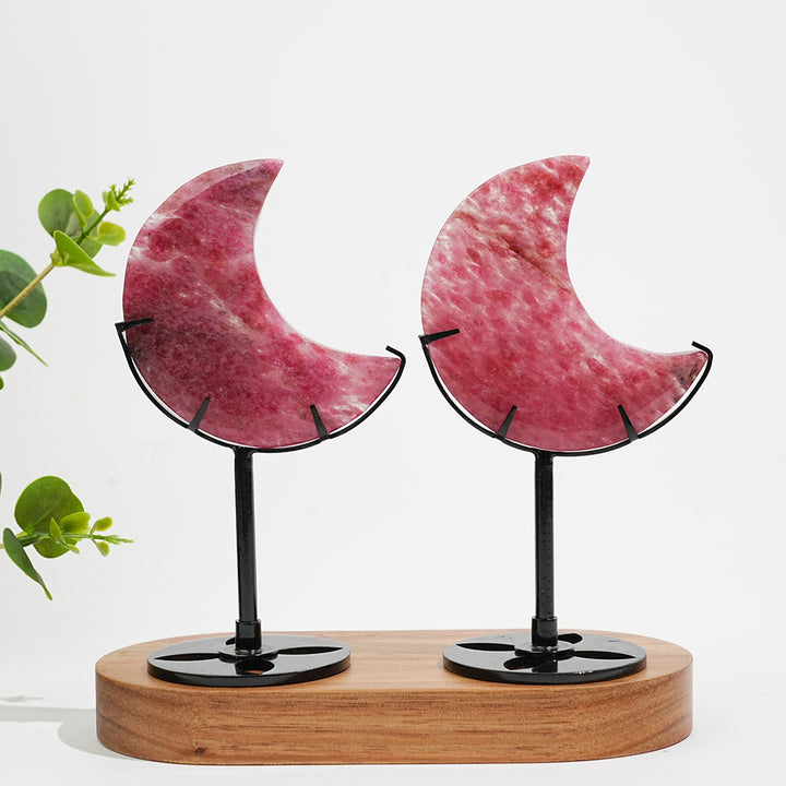 Unique,Natural Crystal Rhodonite In Quartz Moon With Stand