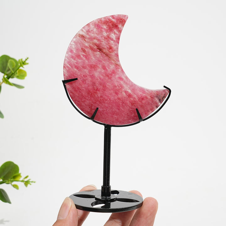 Unique,Natural Crystal Rhodonite In Quartz Moon With Stand
