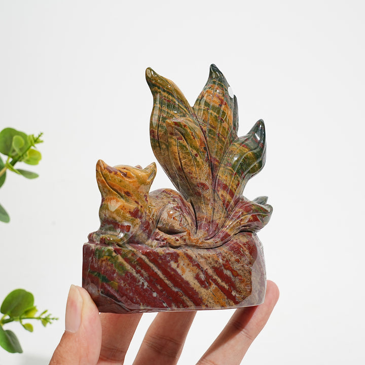 Unique,A Slightly Imperfect Natural Crystal Ocean Jasper Stretching Nine‑Tailed Fox