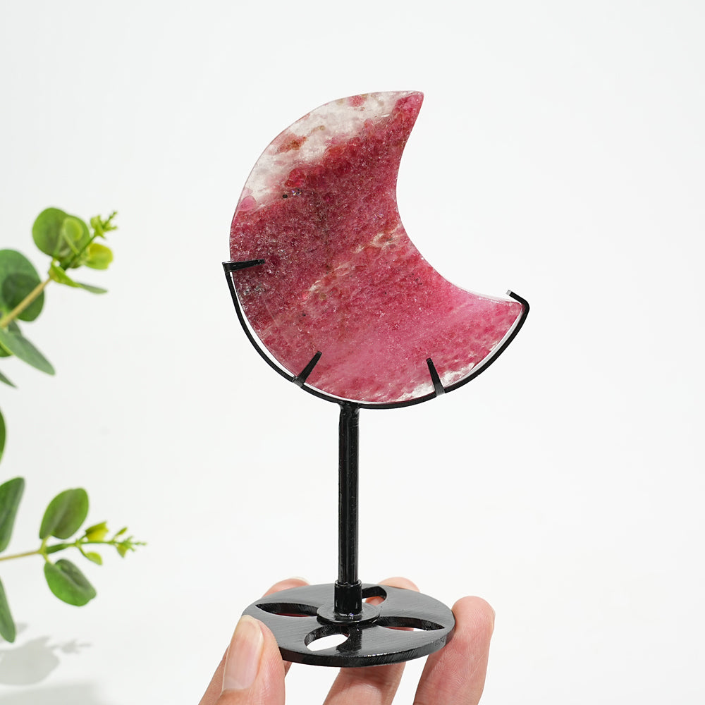 Unique,Natural Crystal Rhodonite In Quartz Moon With Stand