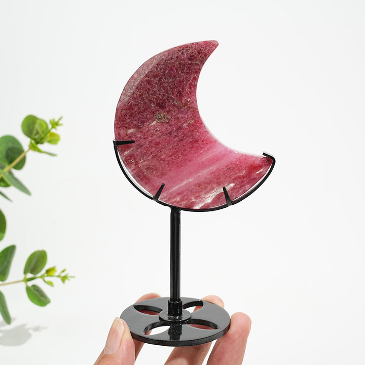 Unique,Natural Crystal Rhodonite In Quartz Moon With Stand
