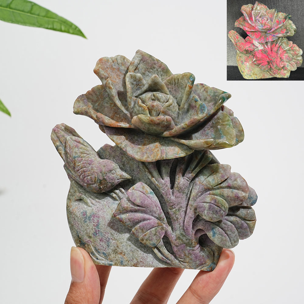 Unique,Natural Crystal Ruby Kyanite Fuchsite Flower With Bird Carving
