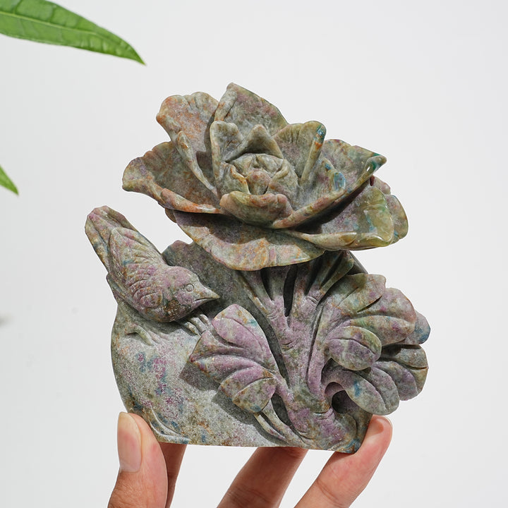 Unique,Natural Crystal Ruby Kyanite Fuchsite Flower With Bird Carving