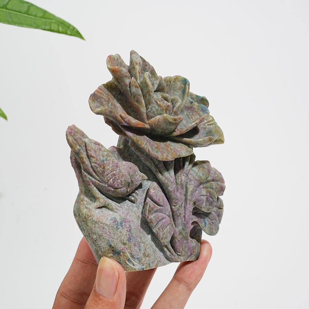 Unique,Natural Crystal Ruby Kyanite Fuchsite Flower With Bird Carving