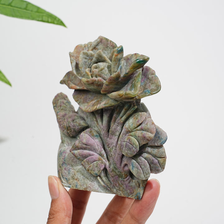 Unique,Natural Crystal Ruby Kyanite Fuchsite Flower With Bird Carving