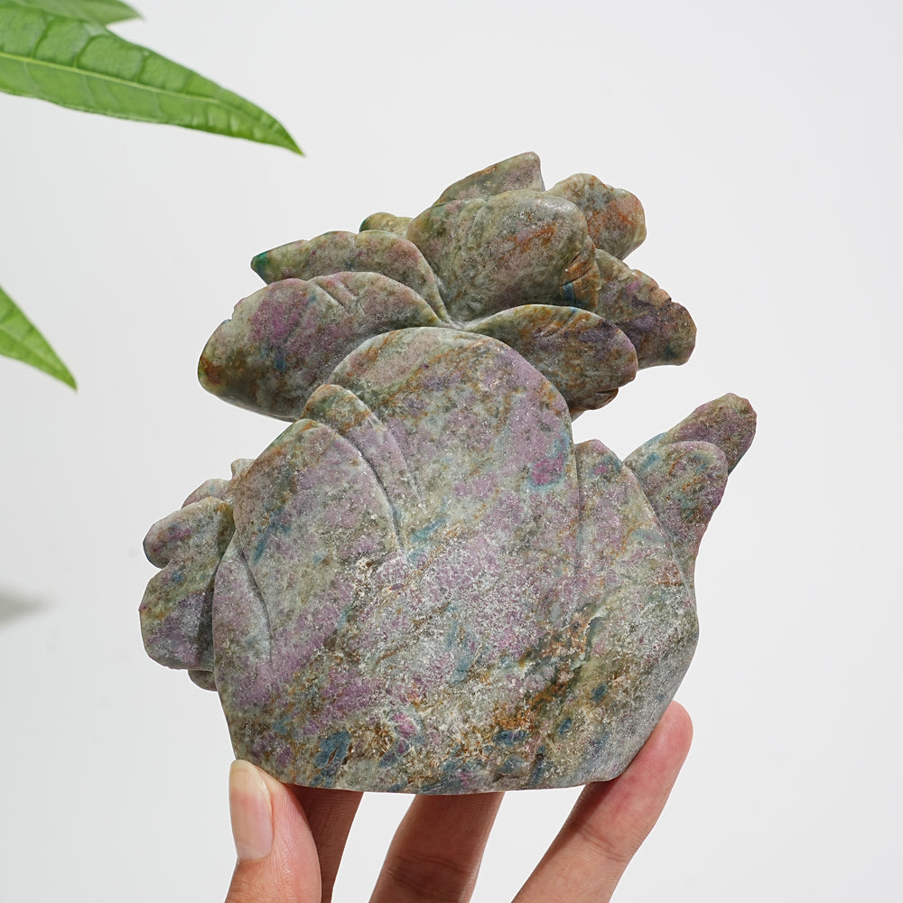 Unique,Natural Crystal Ruby Kyanite Fuchsite Flower With Bird Carving