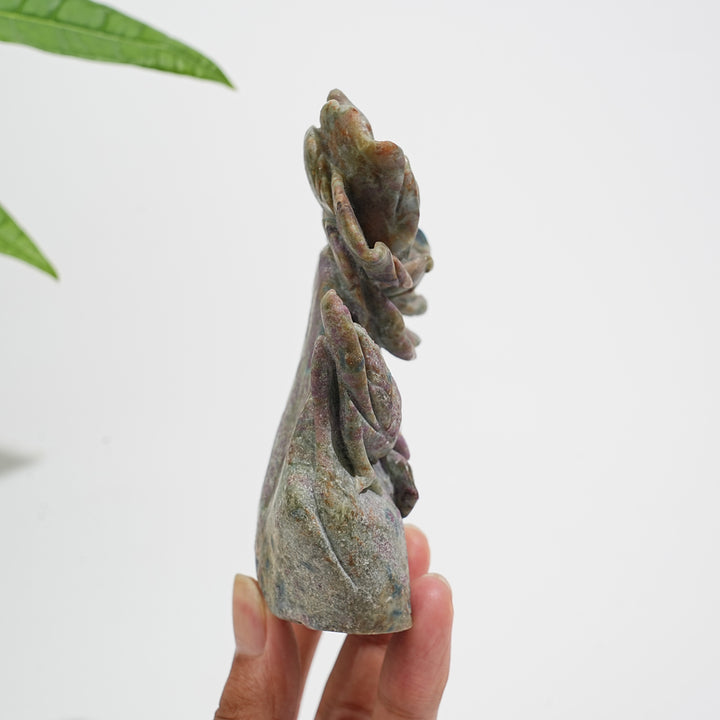 Unique,Natural Crystal Ruby Kyanite Fuchsite Flower With Bird Carving