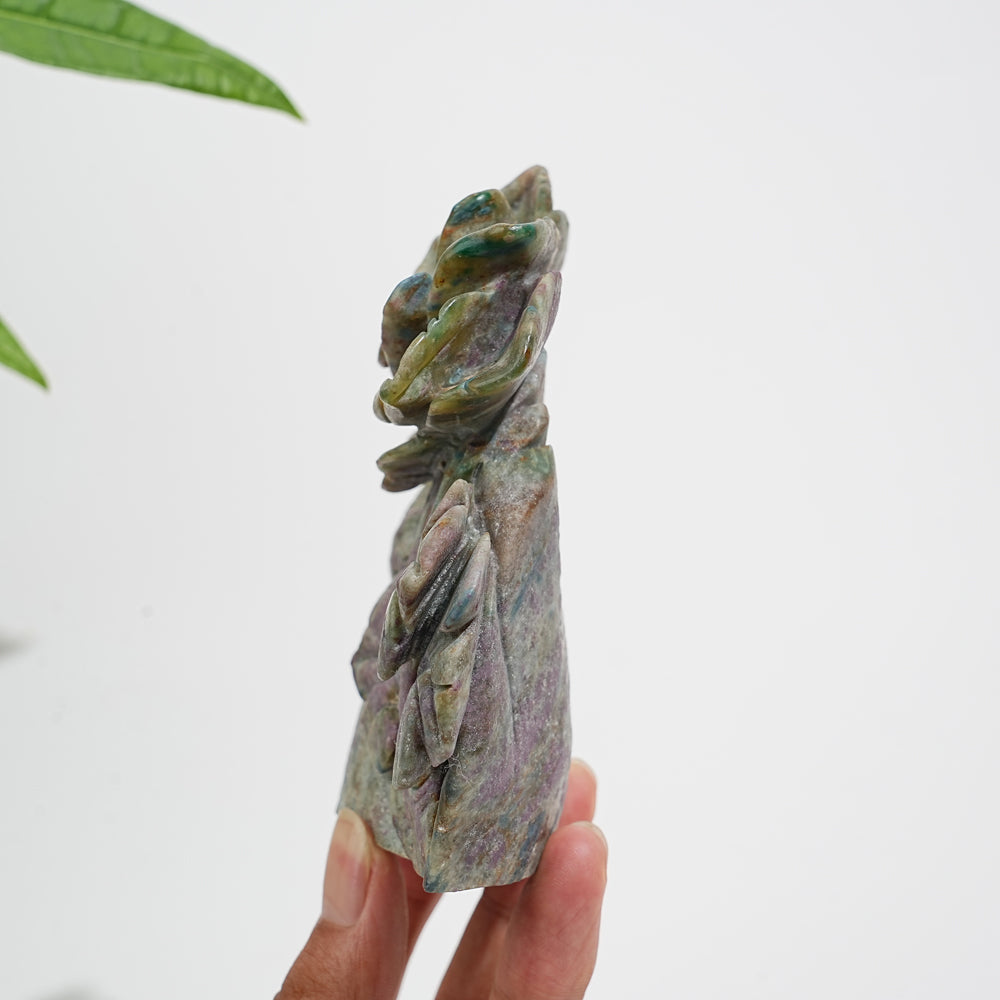 Unique,Natural Crystal Ruby Kyanite Fuchsite Flower With Bird Carving