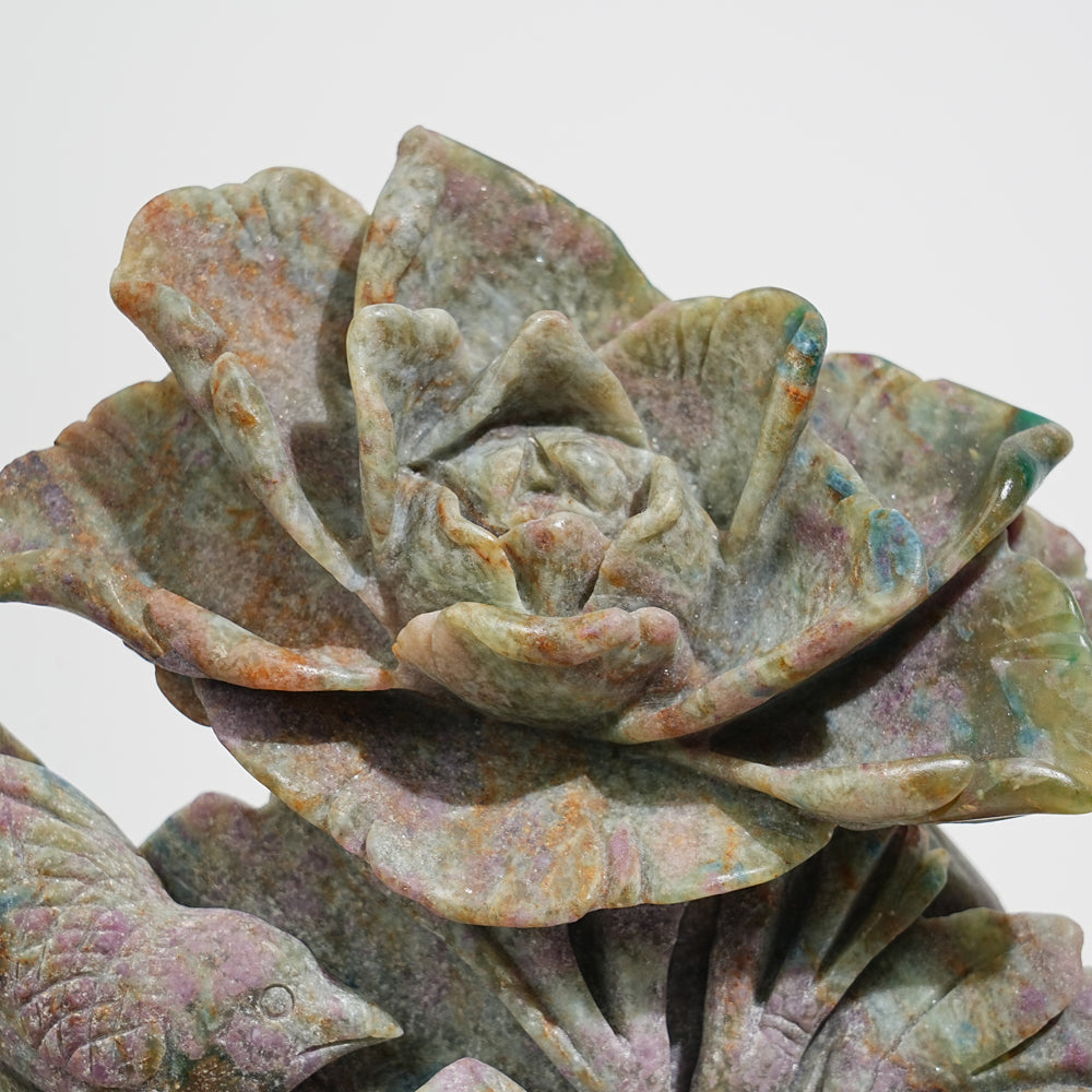 Unique,Natural Crystal Ruby Kyanite Fuchsite Flower With Bird Carving