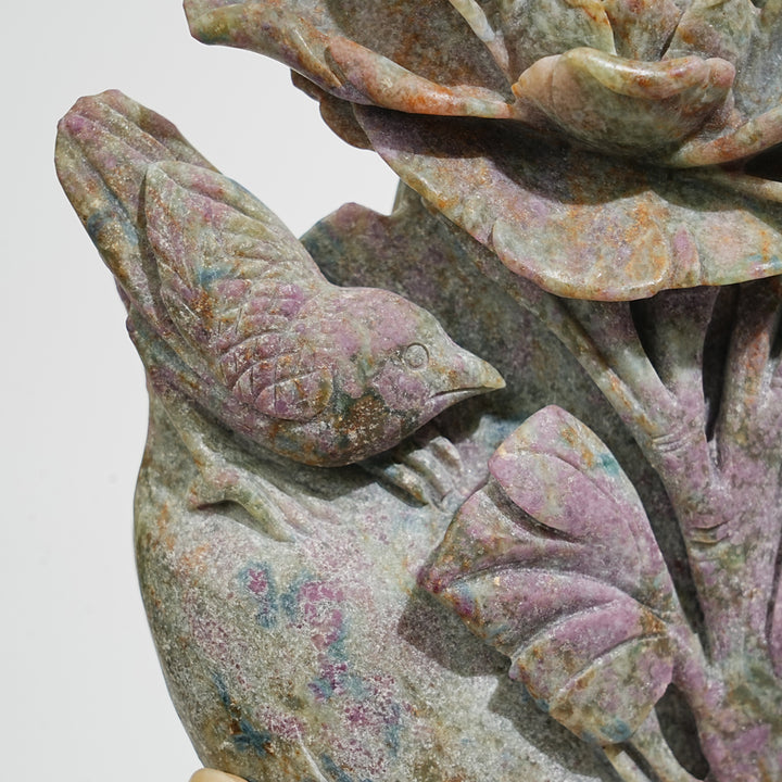 Unique,Natural Crystal Ruby Kyanite Fuchsite Flower With Bird Carving