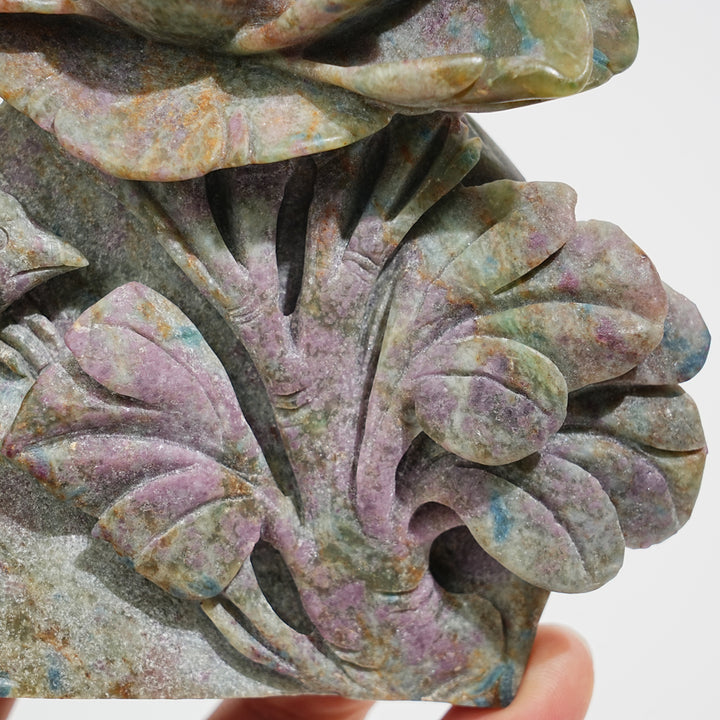 Unique,Natural Crystal Ruby Kyanite Fuchsite Flower With Bird Carving