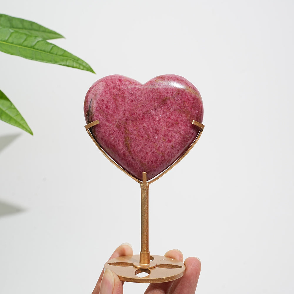 Unique,Natural Crystal Rhodonite In Quartz Heart With Stand