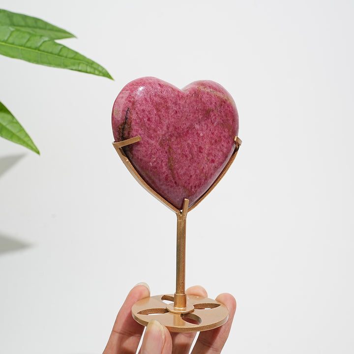 Unique,Natural Crystal Rhodonite In Quartz Heart With Stand