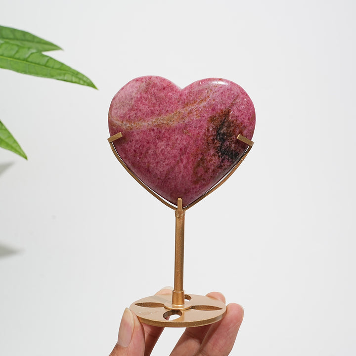 Unique,Natural Crystal Rhodonite In Quartz Heart With Stand