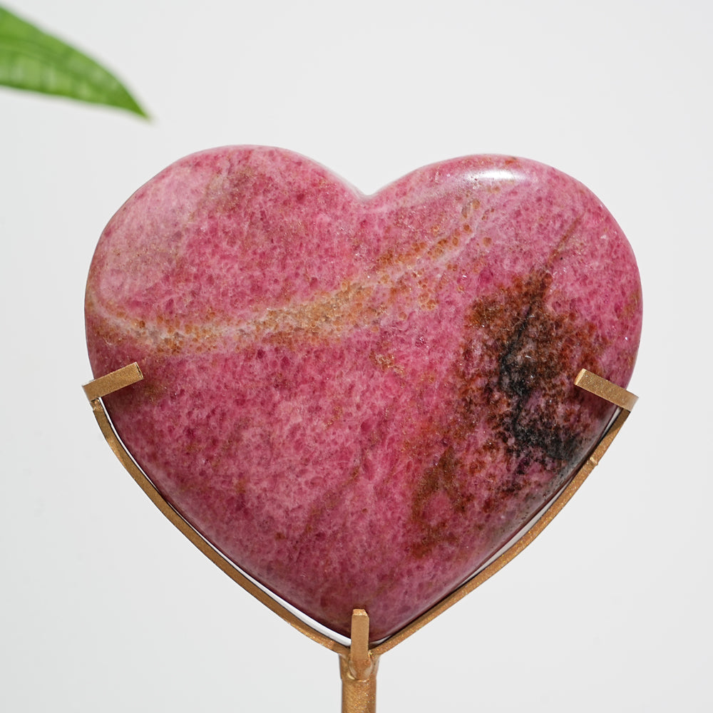 Unique,Natural Crystal Rhodonite In Quartz Heart With Stand