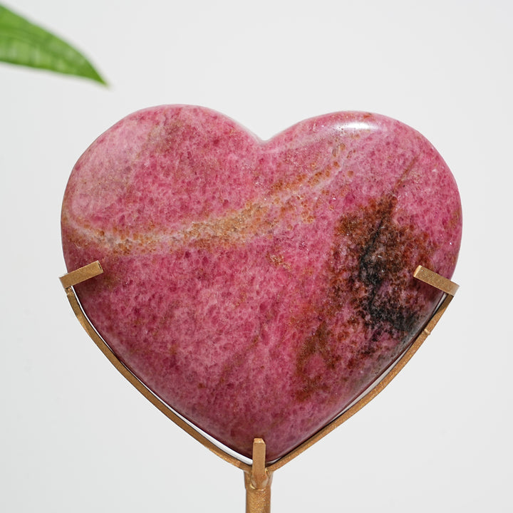 Unique,Natural Crystal Rhodonite In Quartz Heart With Stand