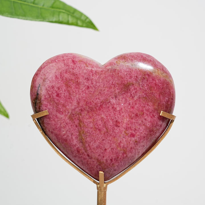 Unique,Natural Crystal Rhodonite In Quartz Heart With Stand