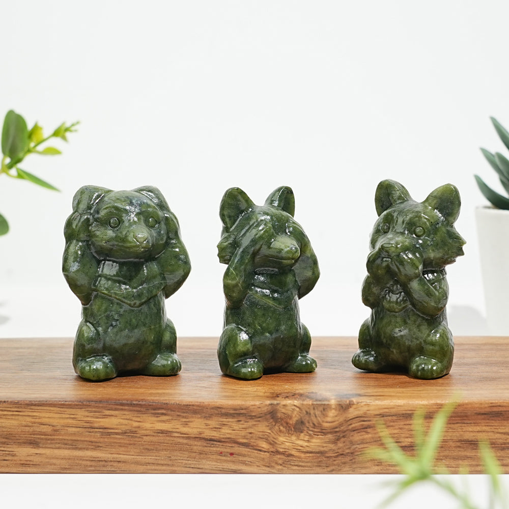Natural Crystal Three Wise Wolves Carving