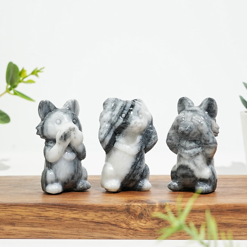 Natural Crystal Three Wise Wolves Carving