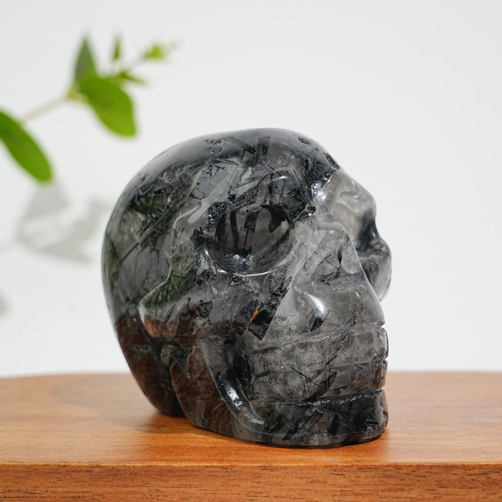 Unique,Natural Crystal Black Tourmaline In Quartz Skull Carving